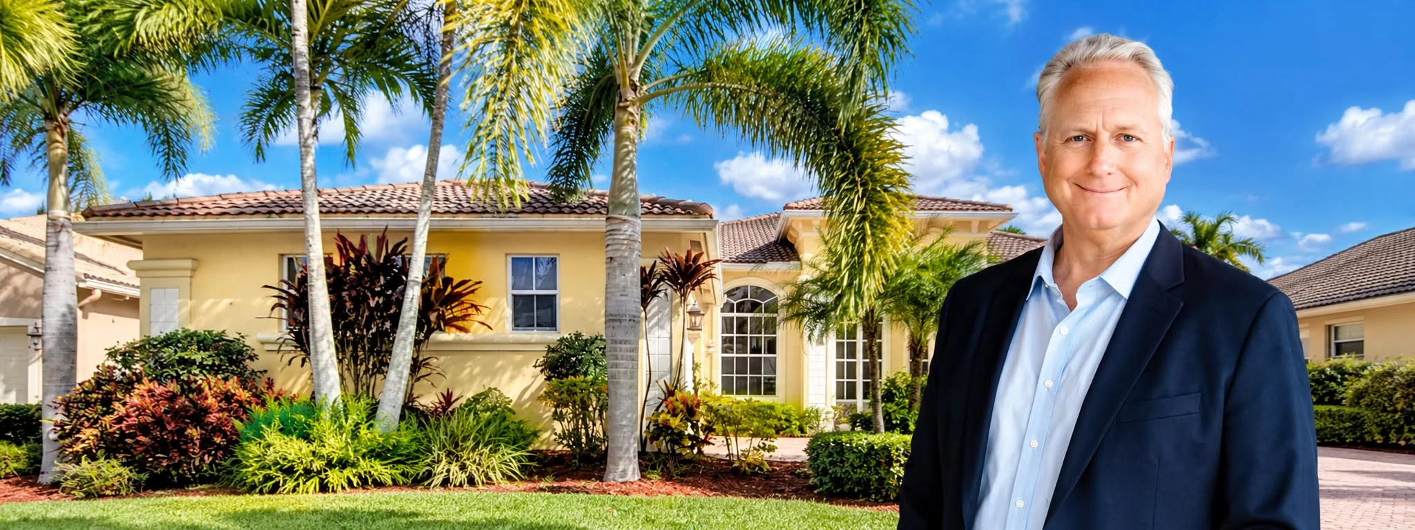 Michael Hastava pictured on the right of a Florida home and palm trees